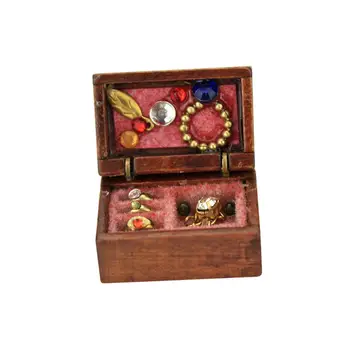 Мини-дървена ковчег за бижута 1: 12, декорации за ролеви игри, Мебели, играчки, микроландшафт за спални, хол, домашен декор