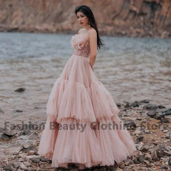 Модни официални рокли трапецовидна форма, без презрамки, цветенце с мъниста, драпированное диференцирани секси розова рокля за абитуриентски бал с отворен гръб и влак