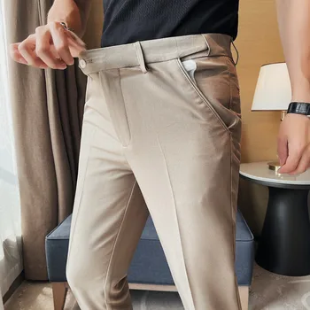 Мъжки бизнес Ежедневни панталони-участък от премиум-клас, Нови Летни мъжки Прилепнали панталони с девет точки, Стилни ежедневни панталони размер плюс 28-38