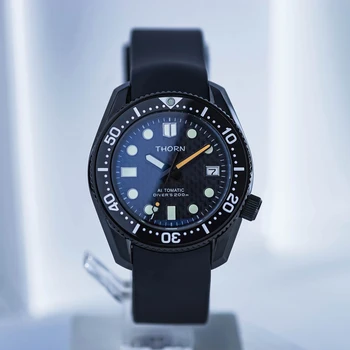 Мъжки часовник за гмуркане THORN Луксозен черен корпус от неръждаема стомана с PVD покритие NH35 Механизъм за самостоятелно ликвидация на 200 м от Водоустойчив каучук каишка светлинен