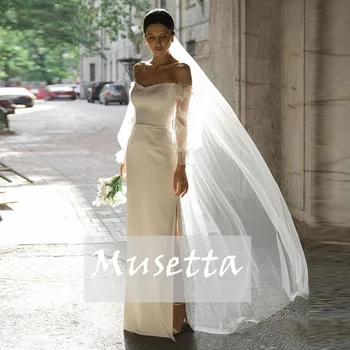 Мюзетта Елегантна сватбена рокля от сатен Русалка рокля без презрамки С дантелен аппликацией, сватбена рокля с дълги ръкави и цепка до пода, Vestido De Новия