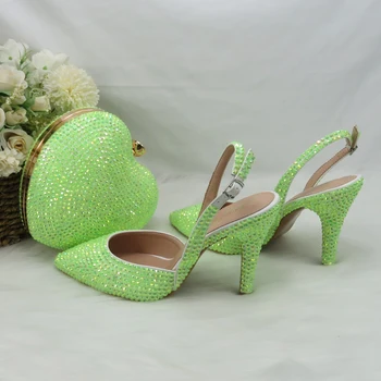 Нов прием на 2023 г., Сватбени обувки с Остър пръсти и чанта във формата на сърце Зелена на цвят, Женски обувки-лодка На Висок Тънък ток, Вечерни обувки-сандали