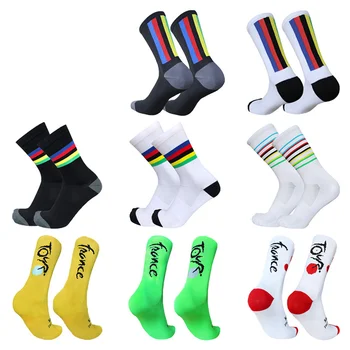 Нови дамски Вело мъжки спортни чорапи дишащи в цветна ивица, компресия чорапи за колоездене Calcetines Ciclismo