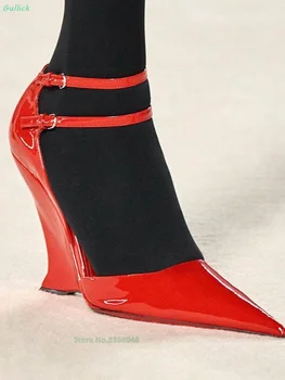 Нови постъпления 2024 година, червени кожени обувки-лодки, Чубрица обувки на танкетке с остри пръсти и каишка с катарама за щиколотке, дамски обувки за подиум високо ниво