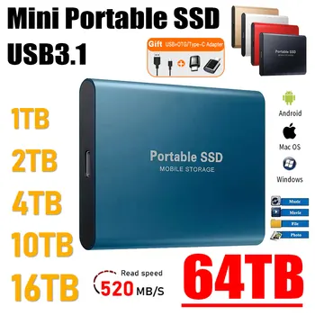 Оригинален 100% Високоскоростен Външен Твърд Диск 1 TB SSD Портативен USB 3.1 2 TB Mass Storage Мобилен Твърд Диск SSD За Преносимите КОМПЮТРИ Mac