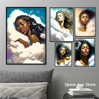 Плакат с черно момиче на Момиче В облаците Картина върху платно HD DAU Модерна стенни художествена картина Дневна Спалня Декоративна Естетика