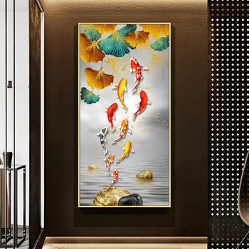 Плакати с рибки Кои и животни, Златна Картина, напечатанная върху платно, Стенни художествена картина за хола, модерен начало декор, щампи Гинко