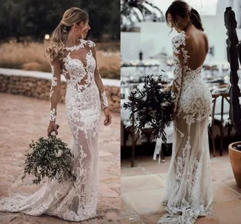 Прозрачни Сватбени рокли на Русалка с дълги ръкави, Тюлевая апликация, останаха без облегалка, Арабско Богемное сватбена рокля 2024