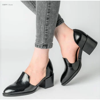 Пролет-есен кожени обувки на висок ток 2022, дамски обувки на среден ток, нескользящая Ежедневни дамски обувки с остър пръсти голям размер