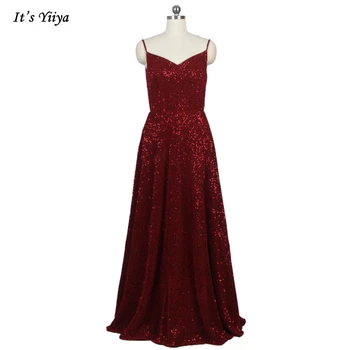 Разпродажба Вечерна рокля Вино-червен цвят с Тънки спагети презрамки С V-образно деколте И цип Трапецовидна форма с Дължина до пода, Размер 4, Дамски официални рокли E088
