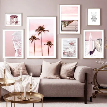 Розова плажна дъска за сърф под формата на миди Мост Тропическо дърво Стенно изкуство Платно Живопис Плакати и щампи Стенни картини за вашия интериор дневна