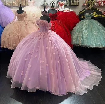 Розови Буйни рокли Принцеса Бална рокля без презрамки от Тюл с флорална картина 16 Рокли 15 Años по поръчка