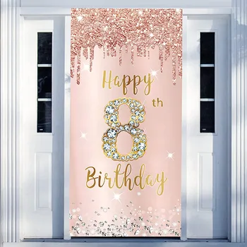 Розово злато, украса за парти с 8-м, честит рожден ден, банер за торта за момичета 8 години, розов фон за снимки на рожден Ден.