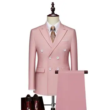 Розово мъжки костюм Lansboter, 2 броя, бизнес, всекидневни, Двубортный, обикновен, подходящ за сватбен банкет, комплект от яке и панталон