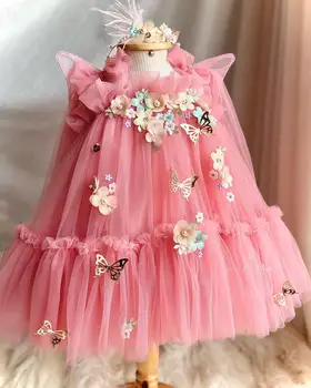 Рокля с цветя модел от коралов тюл за момичета на сватба, детско тюлевое рокля с папийонка и 3D цветен модел на рожден Ден, елегантни рокли за момичета
