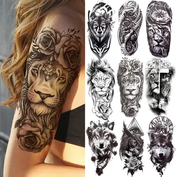 Секси временна татуировка във формата на рози и Лъв, за жени, мъже, деца, момчета, реалистична стикер с фалшива татуировка на Вълк, татуировки в нещо като черен кръст и компас