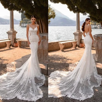 Секси рокля-русалка с отворен гръб, Vestido De Новия апликации, Vestido De Noiva, сватбената рокля на спагети презрамки, дантелено рокля 2023, сватбена рокля-дреха