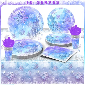 СинеФиолетовые украшения във формата на Снежинки, за рожден Ден, посуда и прибори за Еднократна употреба за партита, Хартиени салфетки, Чаши, чинии, Банери, Покривки за маса, слама