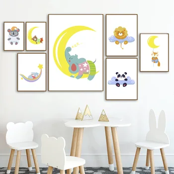 Слон, лъв панда Лисица и заек Мечка Стенно изкуство в детската градина, върху платно Плакати на скандинавскую тема и щампи Стенно изображение за Декор на детска стая