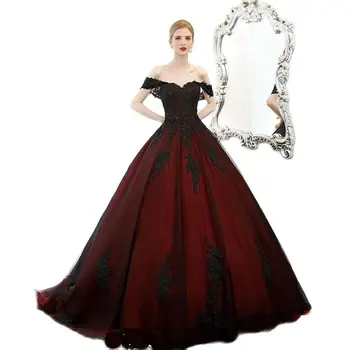 Уникални тъмно червени С черна аппликацией Булчинска рокля с открити рамене, вечерни рокли за официални партита в стила на сладко момиче