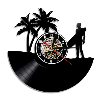 Часовници Лятното часово време Щата Алоха, Хавай, Vinyl плоча за сърфиране, стенни часовници, часовници за домашен интериор, Тропически плаж, Палми, Идея за подарък серферу