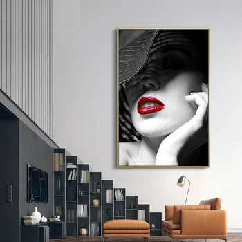 Черно-Бял Модерен Момиче Картина Върху Платно Червени Устни Скандинавски Стенен Постер Принт Изкуството за Домашен интериор Произведения на изкуството за Хол
