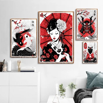 Японската култура Произведение на изкуството Самурай Гейша Художествена живопис Коприна платно Плакат Стенен декор за дома