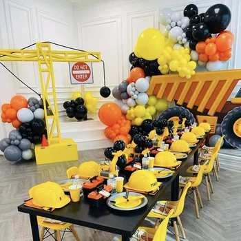 136шт Строителни балони Арка, Жълто-Оранжево Черни Сиви балони Венец Арка Комплект за момчета Парти в чест на 1-ви рожден ден на дете Декември