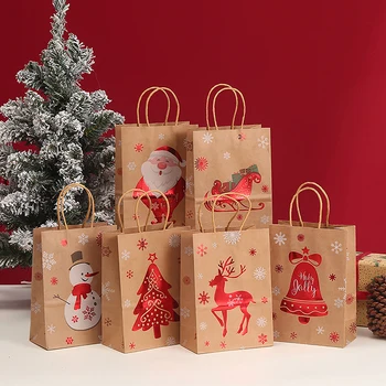 6шт Коледен подаръчен пакет, с дръжки, торбички от Крафт-хартия, Дядо Коледа, Снежен човек 2024, Коледно парти, опаковка на шоколади, подарък пакет бисквити