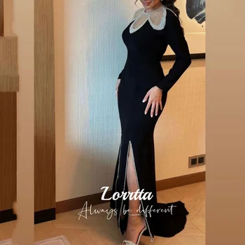 Lorrtta, черна вечерна рокля в ретро стил, рибя опашка, висок разрез, дълъг ръкав, прозрачни секси рокля с пайети на гърдите, арабски вечерен халат