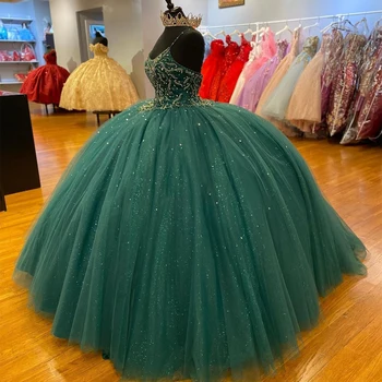 Бална рокля Хънтър Green, расшитое мъниста, Буйни рокли с аппликацией на спагети презрамки, деколтето, рокли за абитуриентски принцеса с кристален блясък