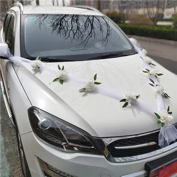 Декорация на предната част на сватбен автомобил изкуствени цветя с панделка, украса на сватбен автомобил, Аксесоари за партита