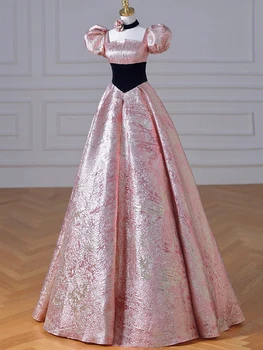 Жакард рокли на знаменитости, Розово буйни ръкав, Сатен, квадратен яка, Дамски лента дантела, Луксозни рокли за абитуриентски принцеса 2023