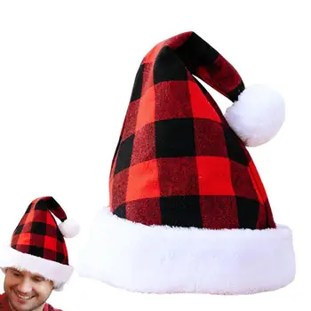 Коледна шапка на Дядо Коледа, клетчатая дамски дълга шапка на Дядо Коледа, с цилиндрична форма Коледни Шапки на Дядо Коледа декорации за възрастни, деца, бебета