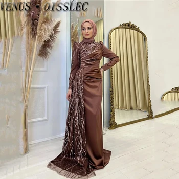 Мюсюлманските вечерни рокли в хиджабе с дълъг ръкав цвят шампанско, с високо воротом, ислямски вечерни рокли, бродирани с мъниста, арабски Кафанские халати De Soirée
